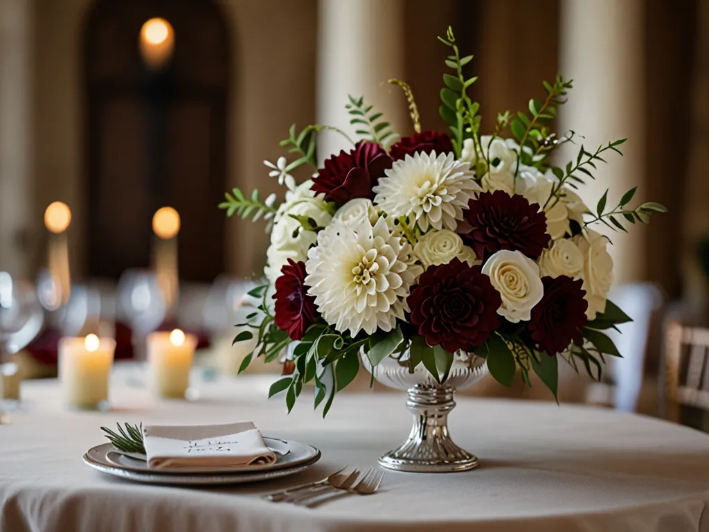Wedding floral arrangements with elegant white and burgundy flowers